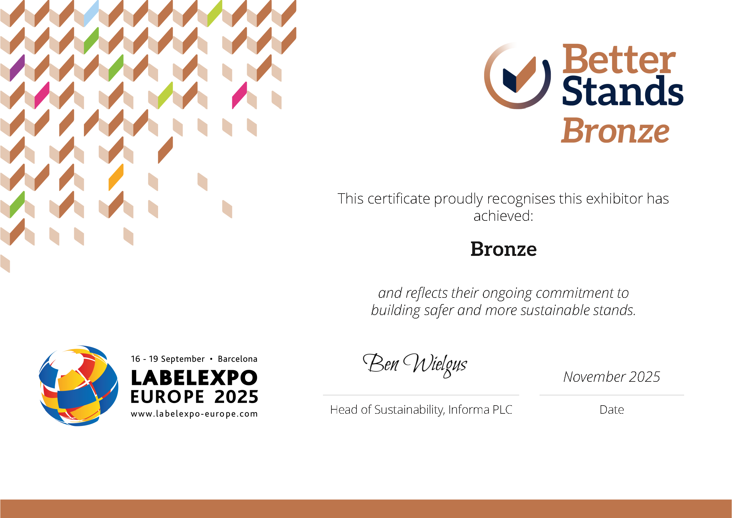 Better Stands Bronze Zertifikat für BERHALTER Swiss Die-Cutting – Labelexpo Europe 2025